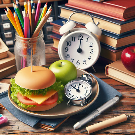 Back to School Lunch, Apple and Clock on Deskの素材
