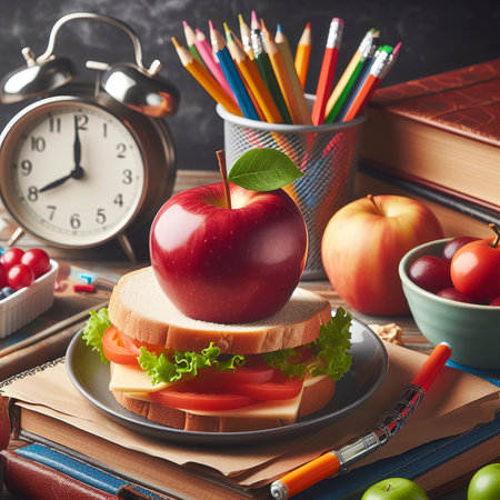 Back to School Lunch, Apple and Clock on Deskの素材