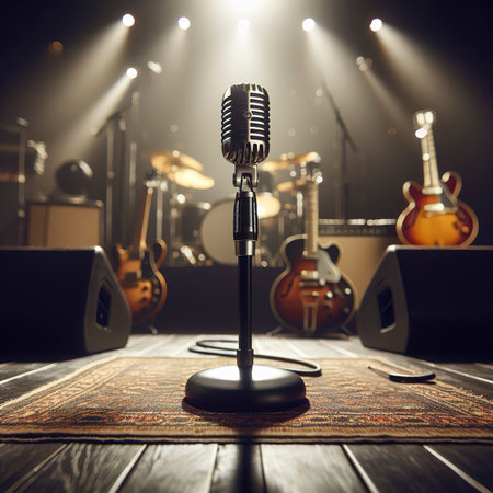 Microphone on concert stage backgroundの素材