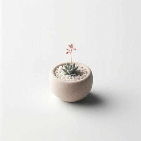 Minimal small pot of haworthia plant with flower against white background , save the earth conceptの素材