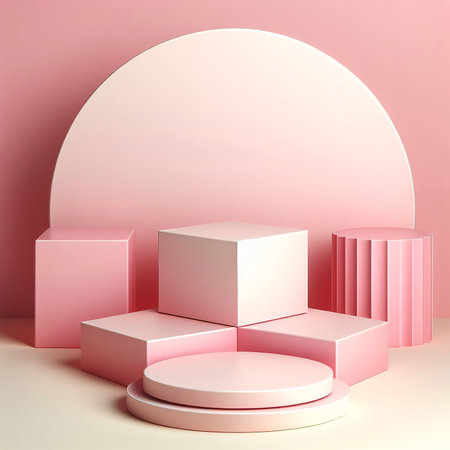 Minimal three pink cubes podium and stage for product or cosmetics advertising with backgroundの素材