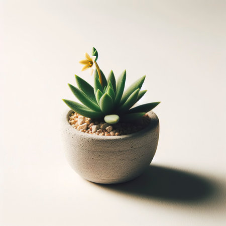 Minimal small pot of haworthia plant with flower against white background , save the earth conceptの素材