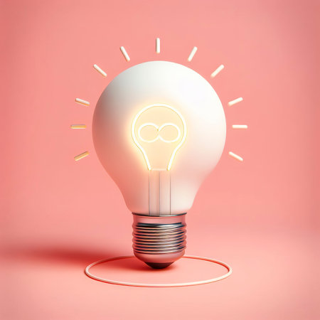 Minimalism light bulb with a blink on pink background. Object and creative idea symbol conceptの素材