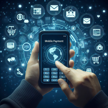 Mobile payment, Man using mobile payments online shopping and icon on night backgroundの素材
