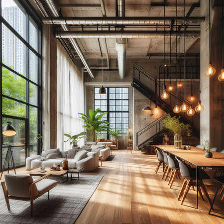 Modern and industrial style loft room, stock photoの素材