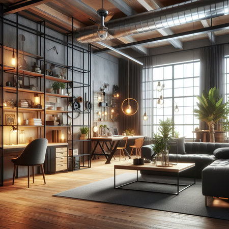 Modern and industrial style loft room, stock photoの素材