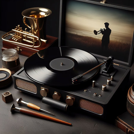 Modern vinyl record player with disc on black background, closeup. While playing the record, Black platterの素材