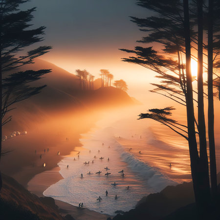 muir beach at the dawn of the day it was cold but surfersの素材