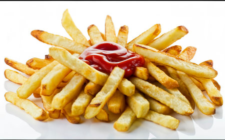French fries with ketchup closeup over whiteの素材