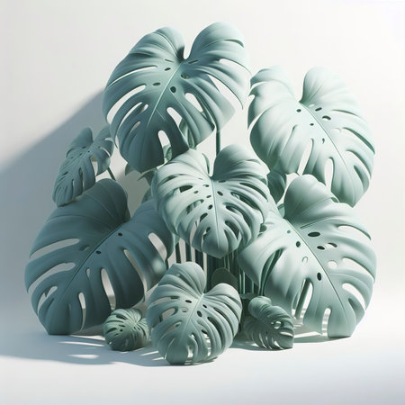 Monstera, a large tropical wetland on a white background, has a pretty soft shadowの素材