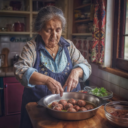 An old spanish woman frying meatballs on the kitchenの素材