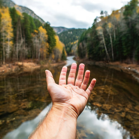 Close up of a hand in front of a super massive river in the middle of the forest during a spring day with copy space liberty conceptの素材