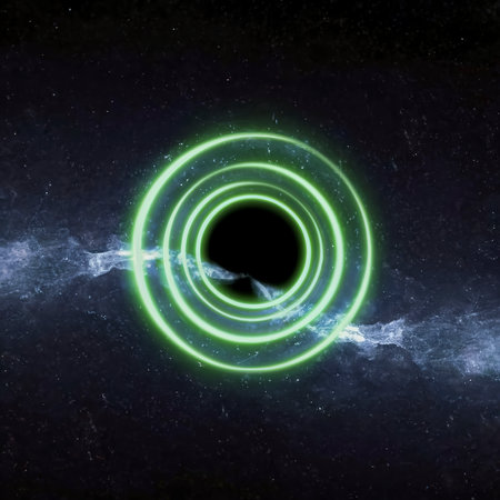 Glowing green spiral with light circle on black sky backdrop, abstract backgroundの素材