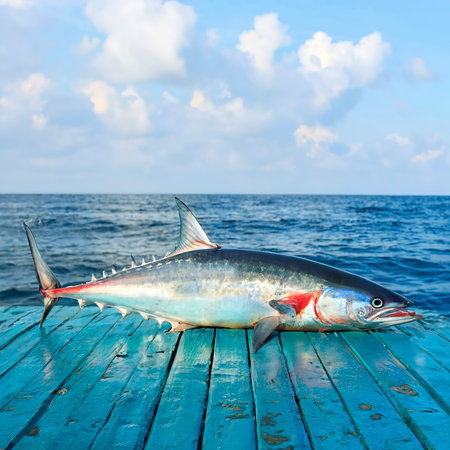 full body of tuna fish on blue wood of fishing boatの素材