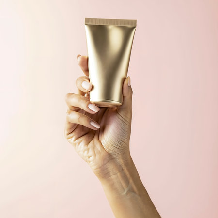 Woman hand holding golden cosmetic tube light pastel color backgroundの素材