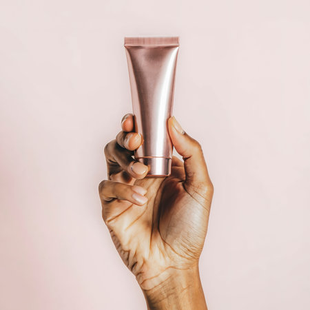 Woman hand holding golden cosmetic tube light pastel color backgroundの素材