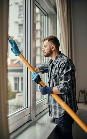 Window cleaning with a scraper and window cleaner. Cleaning in a house or apartment.の素材