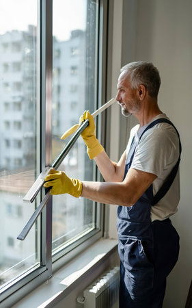Window cleaning with a scraper and window cleaner. Cleaning in a house or apartment.の素材