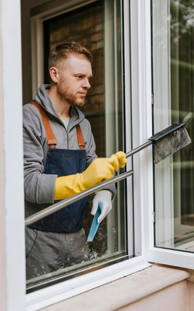 Window cleaning with a scraper and window cleaner. Cleaning in a house or apartment.の素材