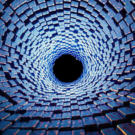 3d rendering of glowing blue brick wall and undulating blocks abstract background textureの素材