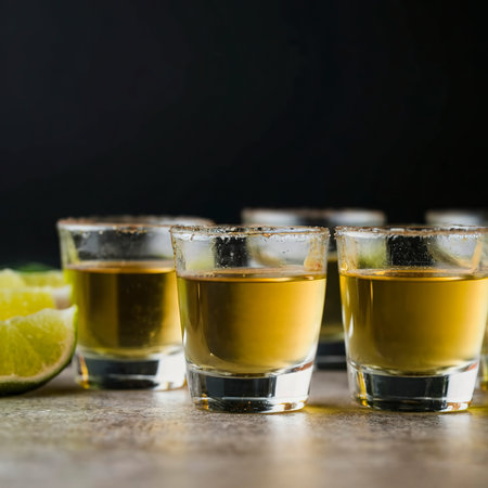 Closeup detail view of tequila shots from studio with copy space.の素材