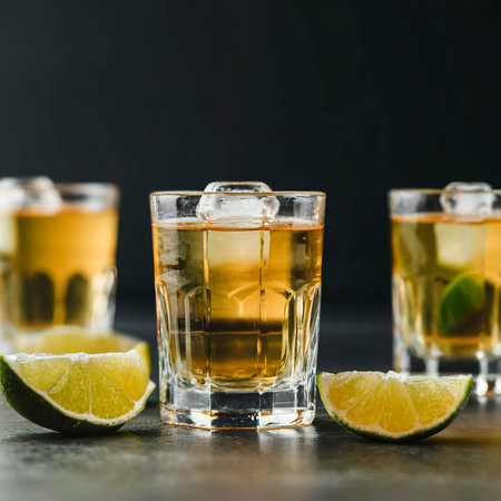 Closeup detail view of tequila shots from studio with copy space.の素材