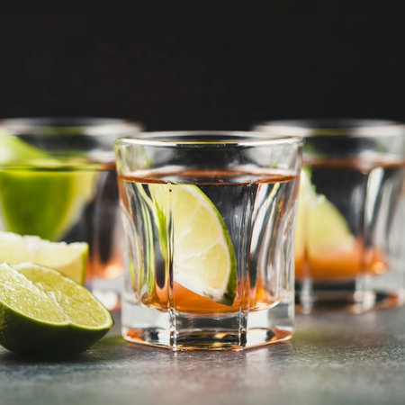 Closeup detail view of tequila shots from studio with copy space.の素材