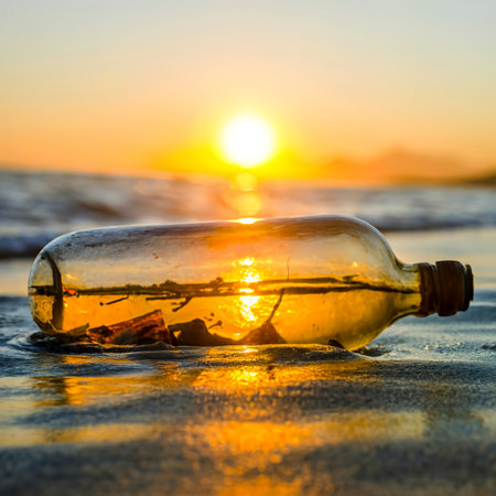 Message in the bottle against the Sun setting downの素材