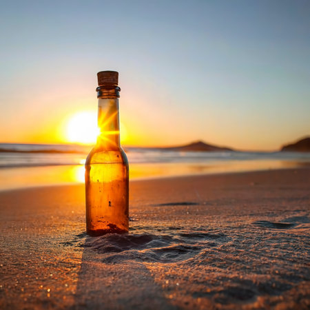 Message in the bottle against the Sun setting downの素材