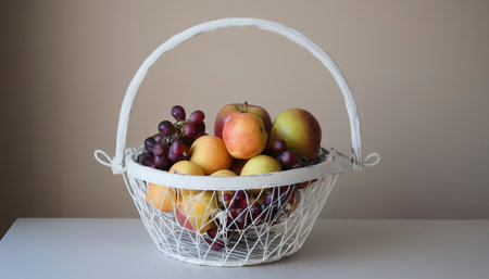 Fruit in white wire basketの素材