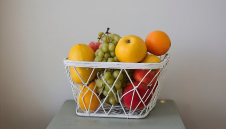 Fruit in white wire basketの素材