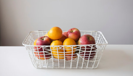 Fruit in white wire basketの素材
