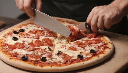 Chef cuts freshly prepared pizza slicesの素材