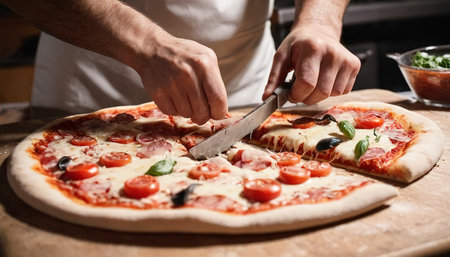 Chef cuts freshly prepared pizza slicesの素材