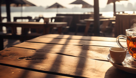 hot tea on wood tableの素材