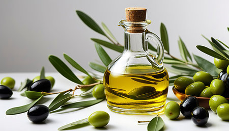 Glass bottle of olive oil and some olives with leaves isolated on a white background.の素材