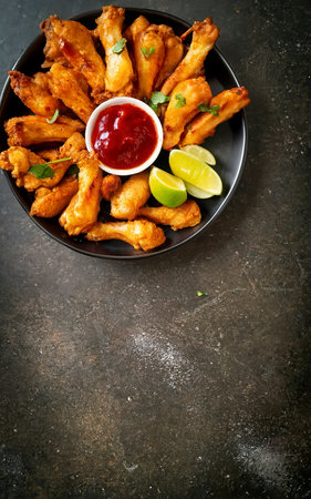 Top of view fried chicken wings chili sauce lime and potato fries.の素材