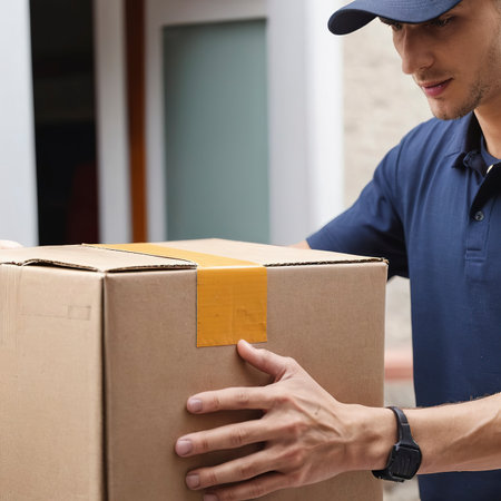 Close up on courier preparing package for deliveryの素材