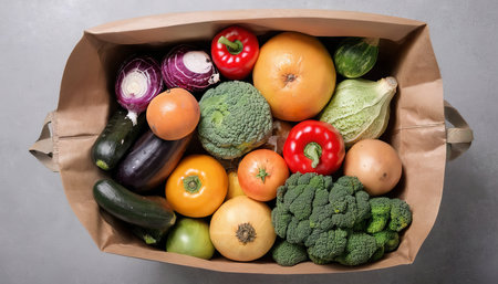 Top view vegetables and fruits in bagの素材