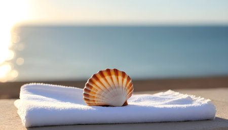 A shell on towel in sunshine with blurred sea on the backgroundの素材