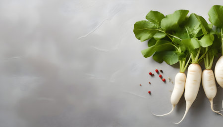 fresh and raw white radish. View from above. Chinese cuisine, ingredient for hotpotの素材