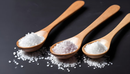 The Bath salt in three wooden spoons on a dark polished desk in backlightの素材