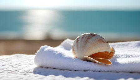 A shell on towel in sunshine with blurred sea on the backgroundの素材