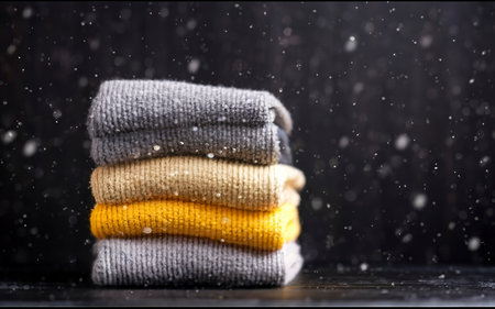 a stack of knitted winter sweaters in several shades of yellow on black background. falling snowの素材