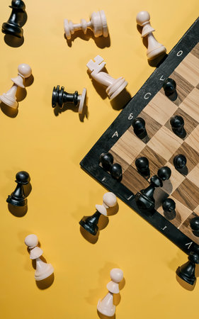 Chess pieces and chess board on yellow backgroundの素材