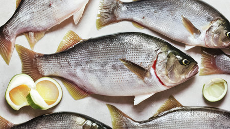 Raw icefish on a kitchen table. Isolated on white background, Top viewの素材