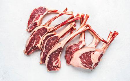 Raw Rack and rib chops of lamb, mutton Isolated on white backgroundの素材