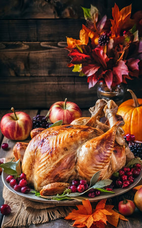 Roasted turkey garnished with cranberries on a rustic style tableの素材