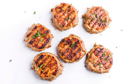Roasted cutlets from beef and pork meat. Isolated on white backgroundの素材