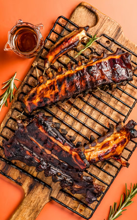 Roast Rack of lamb ribs, spareribs on grill. Orange backgroundの素材